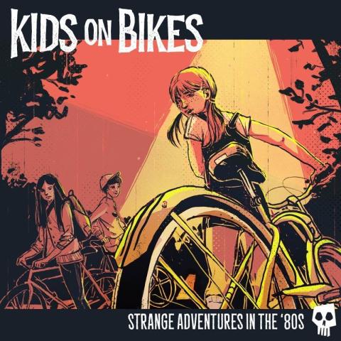 Kids On Bikes logo, "KIDS ON BIKES" in top left corner, "STRANGE ADVENTURES IN THE '80S" in bottom right corner