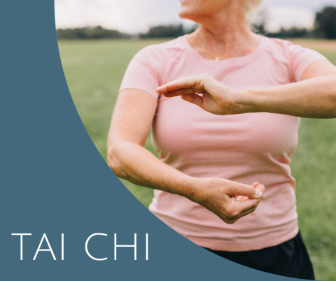 woman doing tai chi movements; title text tai chi on blue background