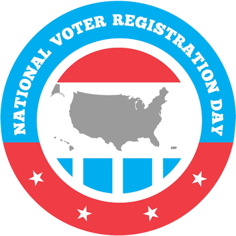 Circle log of National Voter Registration Day featuring an outline of USA and the colors red, white, and blue