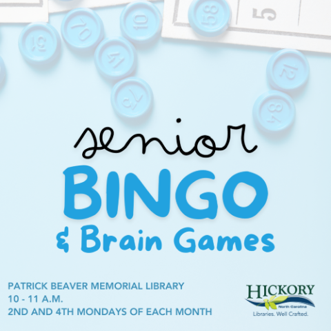 text senior bingo and brain games on blue background