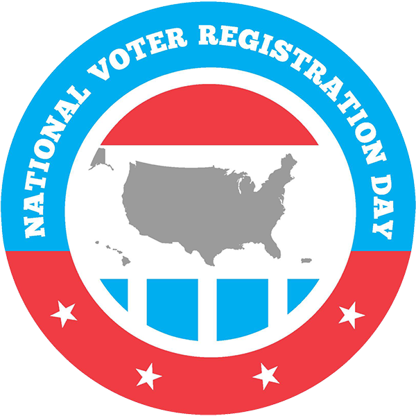 Circle log of National Voter Registration Day featuring an outline of USA and the colors red, white, and blue