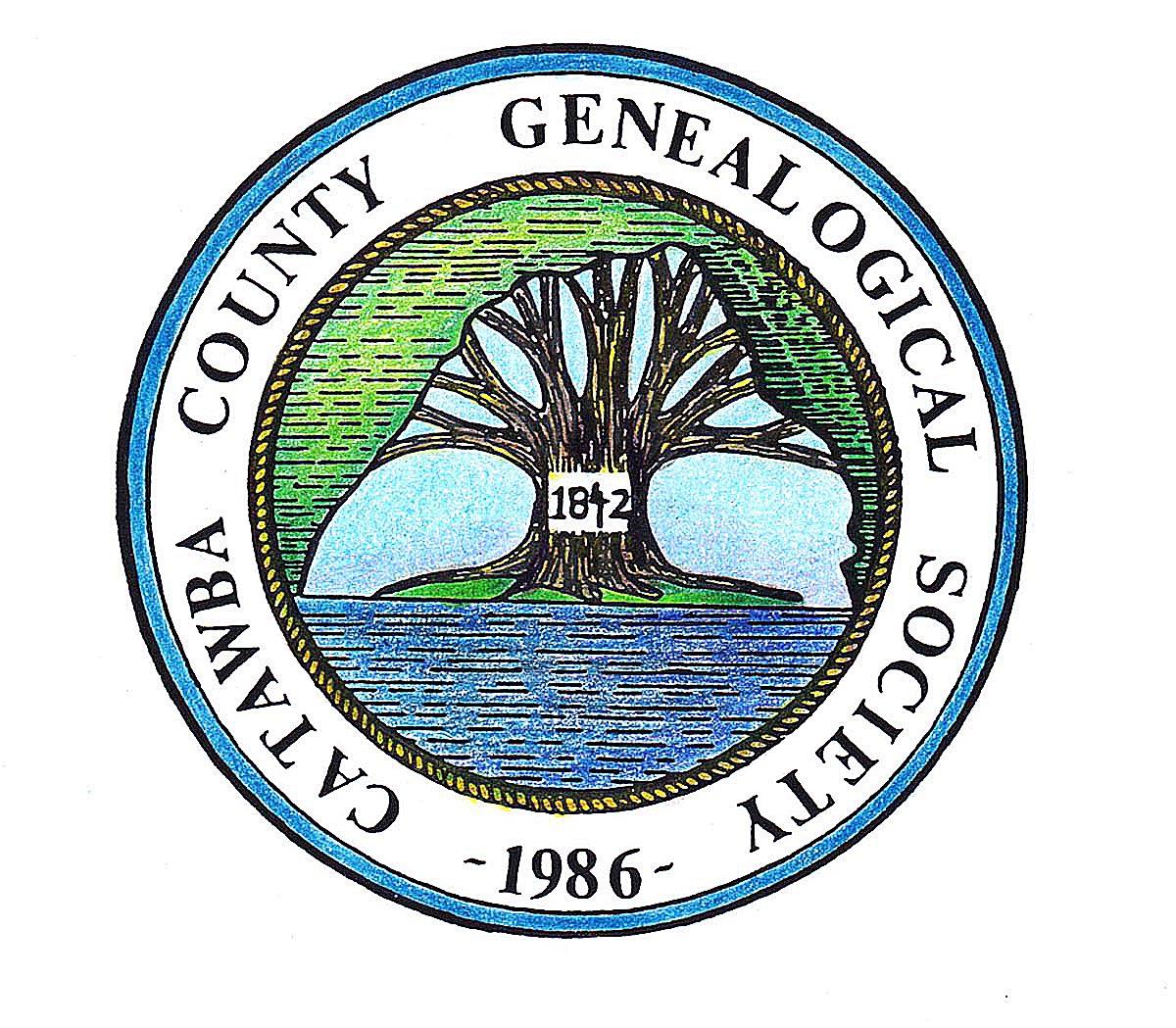 Circle with tree in the middle. Logo of the Catawba County Genealogical Society 